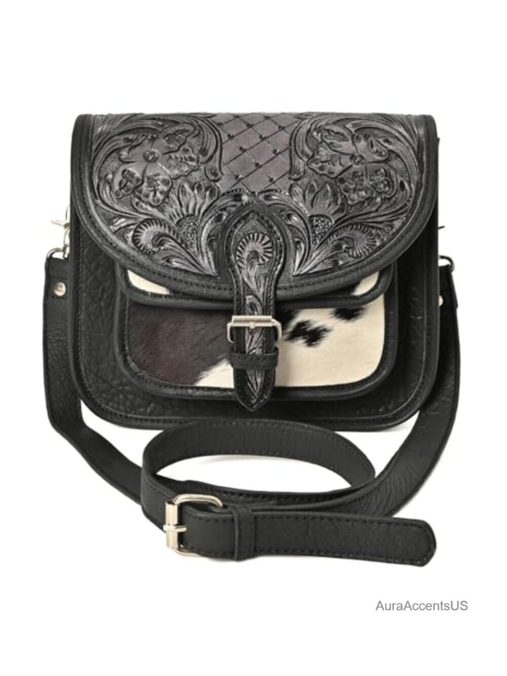 Hand-Tooled Cowhide Hair-On Leather Crossbody Bag Western Cowgirl Purse